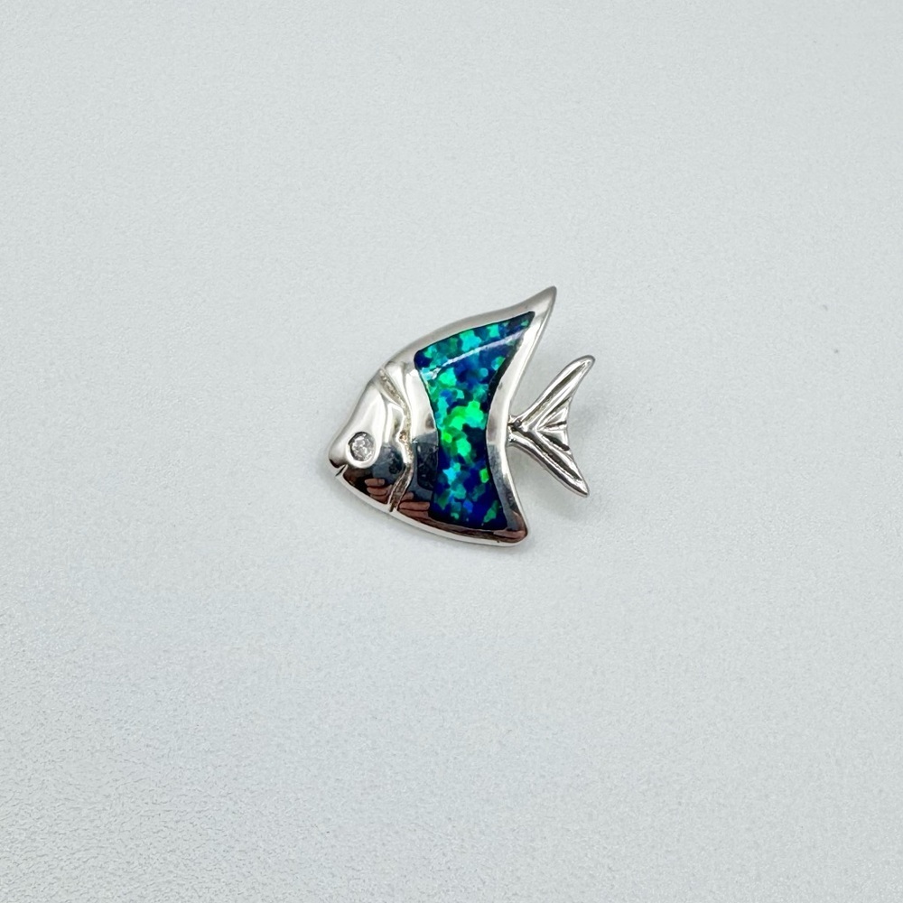 925 STERLING SILVER BLUE FIRE OPAL FISH PENDANT + CZ DIAMOND EYE